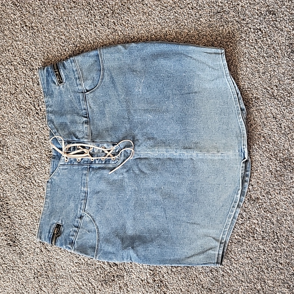 Demin laceup Side Zippers Mini Skirt W- Pockets